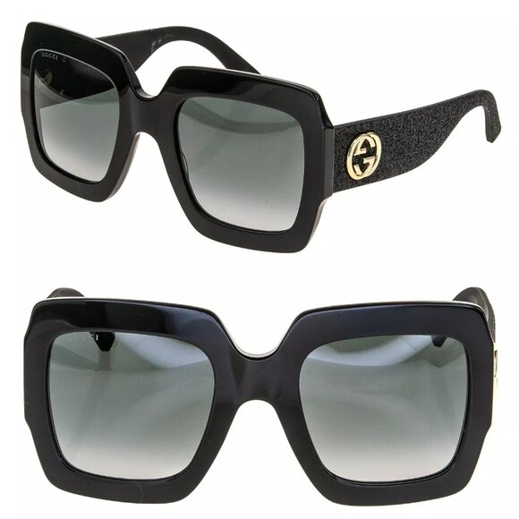 GUCCI Oversize Square Shiny Black Frame W/Black Glitter Arms Sunglasses $505 - Picture 1 of 10